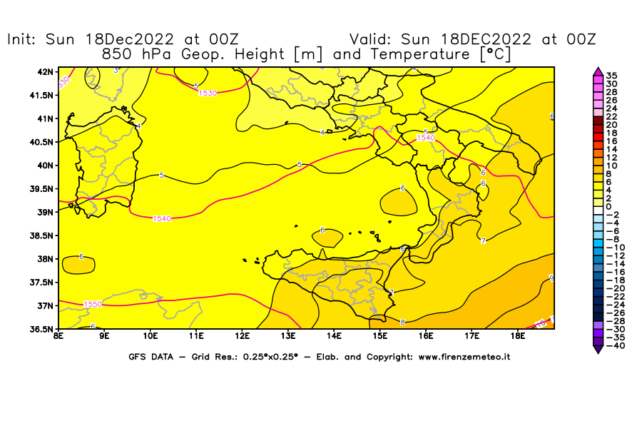Mappa di analisi GFS - Geopotenziale [m] e Temperatura [°C] a 850 hPa in Sud-Italia
							del 18/12/2022 00 <!--googleoff: index-->UTC<!--googleon: index-->