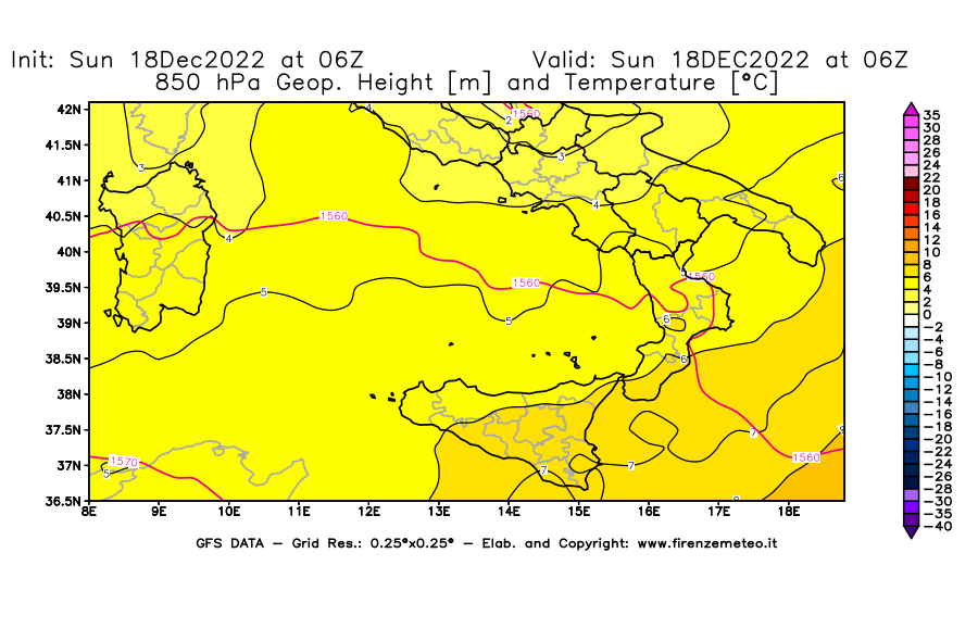 Mappa di analisi GFS - Geopotenziale [m] e Temperatura [°C] a 850 hPa in Sud-Italia
							del 18/12/2022 06 <!--googleoff: index-->UTC<!--googleon: index-->