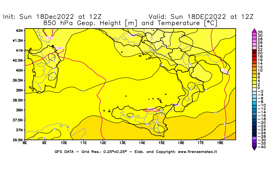 Mappa di analisi GFS - Geopotenziale [m] e Temperatura [°C] a 850 hPa in Sud-Italia
							del 18/12/2022 12 <!--googleoff: index-->UTC<!--googleon: index-->