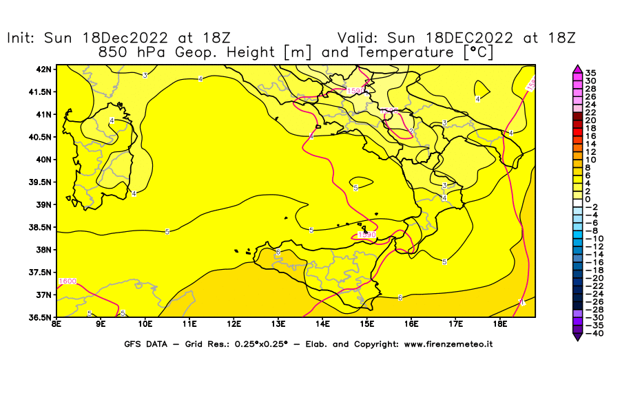 Mappa di analisi GFS - Geopotenziale [m] e Temperatura [°C] a 850 hPa in Sud-Italia
							del 18/12/2022 18 <!--googleoff: index-->UTC<!--googleon: index-->