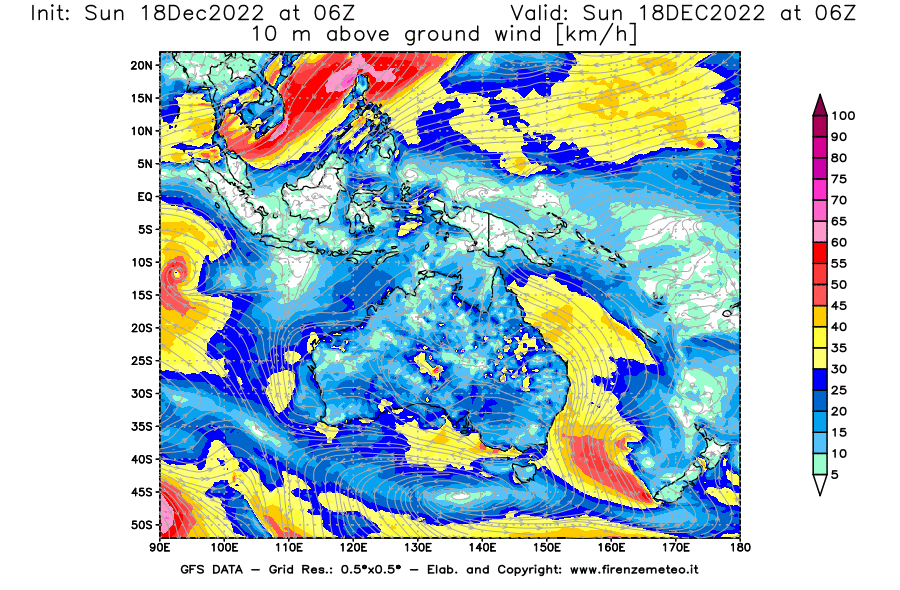 Mappa di analisi GFS - Velocità del vento a 10 metri dal suolo [km/h] in Oceania
							del 18/12/2022 06 <!--googleoff: index-->UTC<!--googleon: index-->