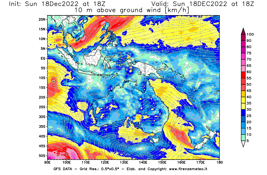 Mappa di analisi GFS - Velocità del vento a 10 metri dal suolo [km/h] in Oceania
							del 18/12/2022 18 <!--googleoff: index-->UTC<!--googleon: index-->