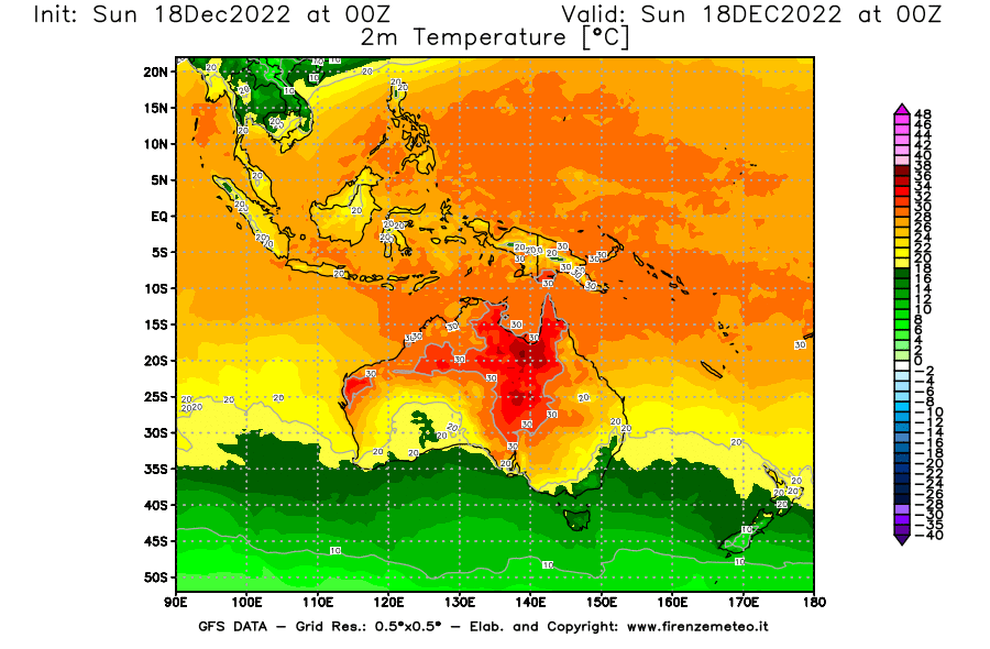 Mappa di analisi GFS - Temperatura a 2 metri dal suolo [°C] in Oceania
							del 18/12/2022 00 <!--googleoff: index-->UTC<!--googleon: index-->