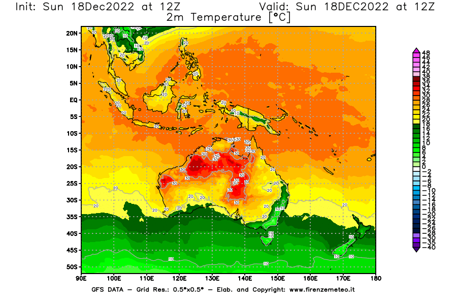 Mappa di analisi GFS - Temperatura a 2 metri dal suolo [°C] in Oceania
							del 18/12/2022 12 <!--googleoff: index-->UTC<!--googleon: index-->