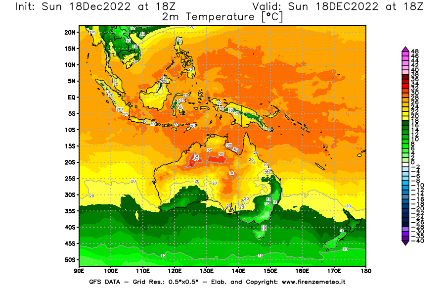 Mappa di analisi GFS - Temperatura a 2 metri dal suolo [°C] in Oceania
							del 18/12/2022 18 <!--googleoff: index-->UTC<!--googleon: index-->