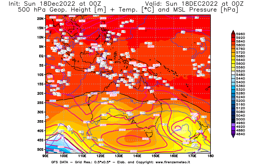 Mappa di analisi GFS - Geopotenziale [m] + Temp. [°C] a 500 hPa + Press. a livello del mare [hPa] in Oceania
							del 18/12/2022 00 <!--googleoff: index-->UTC<!--googleon: index-->