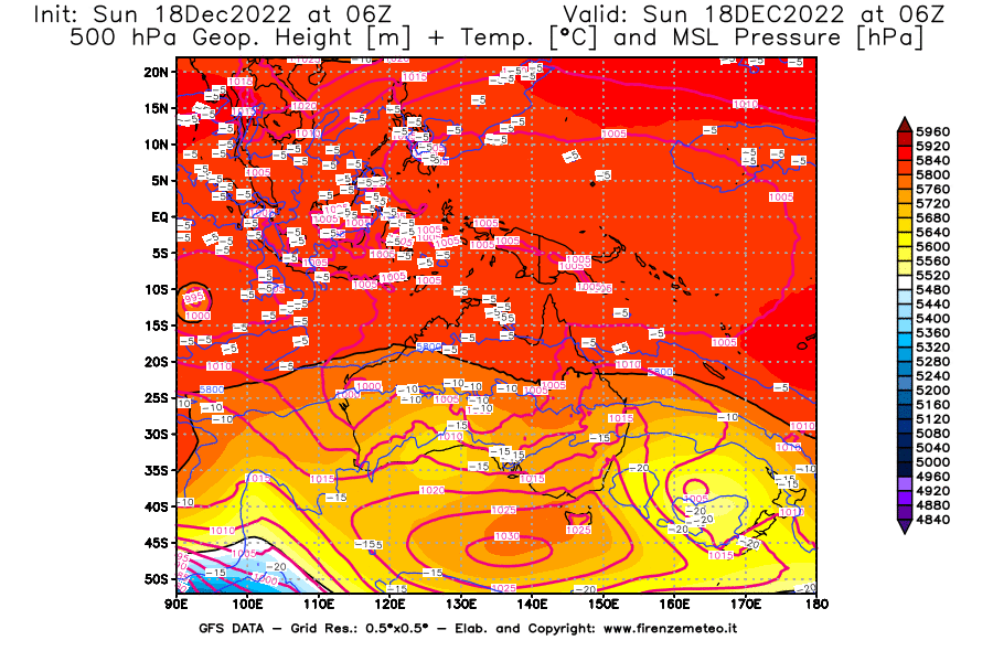 Mappa di analisi GFS - Geopotenziale [m] + Temp. [°C] a 500 hPa + Press. a livello del mare [hPa] in Oceania
							del 18/12/2022 06 <!--googleoff: index-->UTC<!--googleon: index-->