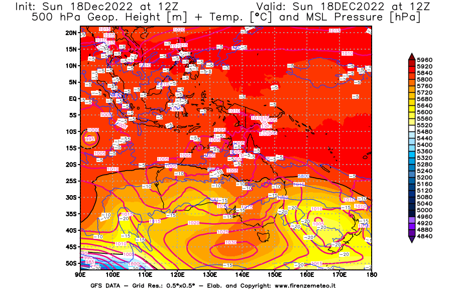Mappa di analisi GFS - Geopotenziale [m] + Temp. [°C] a 500 hPa + Press. a livello del mare [hPa] in Oceania
							del 18/12/2022 12 <!--googleoff: index-->UTC<!--googleon: index-->