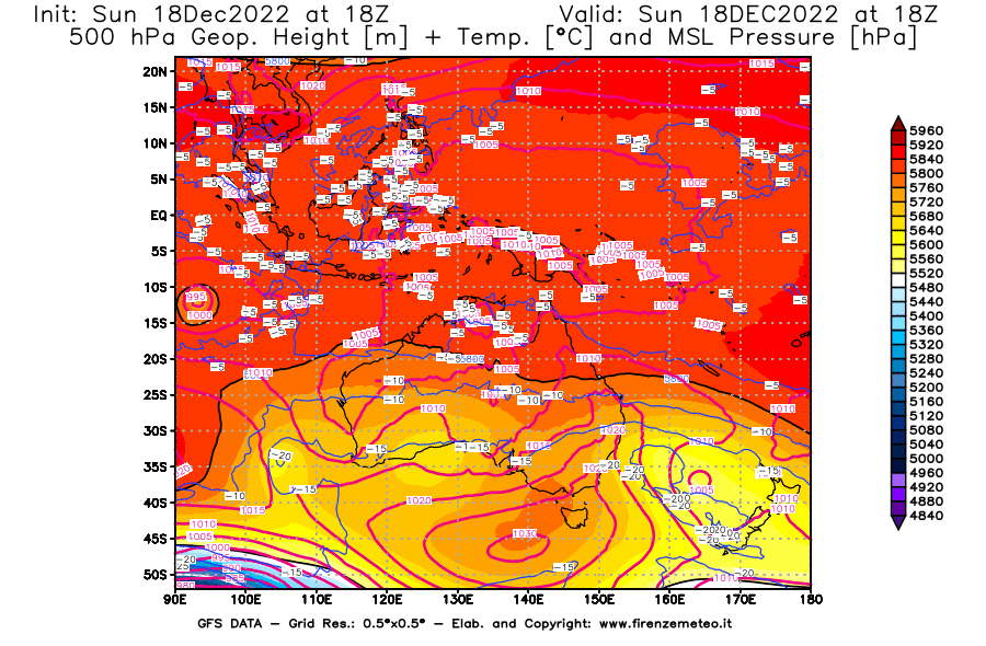 Mappa di analisi GFS - Geopotenziale [m] + Temp. [°C] a 500 hPa + Press. a livello del mare [hPa] in Oceania
							del 18/12/2022 18 <!--googleoff: index-->UTC<!--googleon: index-->