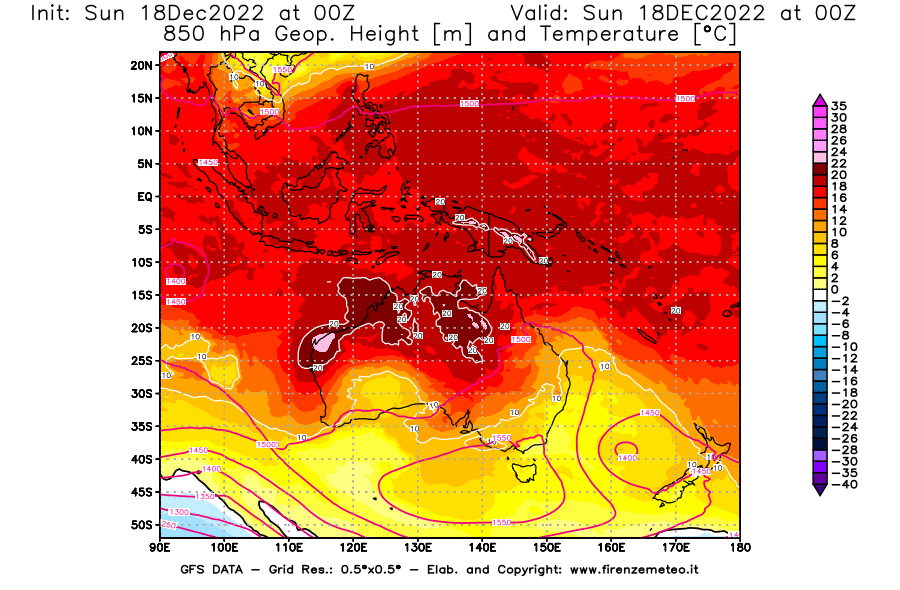 Mappa di analisi GFS - Geopotenziale [m] e Temperatura [°C] a 850 hPa in Oceania
							del 18/12/2022 00 <!--googleoff: index-->UTC<!--googleon: index-->