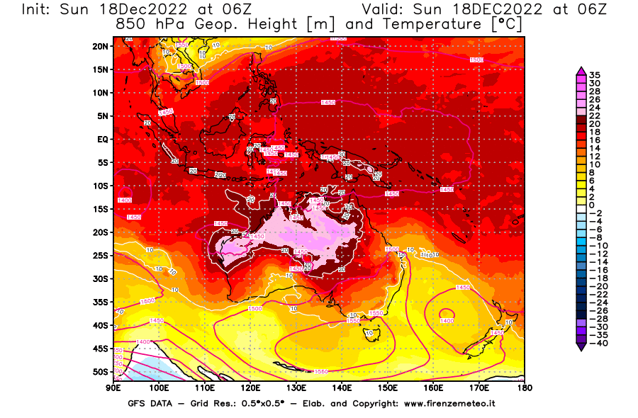 Mappa di analisi GFS - Geopotenziale [m] e Temperatura [°C] a 850 hPa in Oceania
							del 18/12/2022 06 <!--googleoff: index-->UTC<!--googleon: index-->