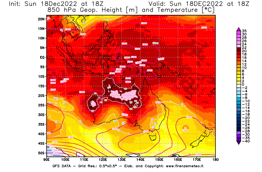 Mappa di analisi GFS - Geopotenziale [m] e Temperatura [°C] a 850 hPa in Oceania
							del 18/12/2022 18 <!--googleoff: index-->UTC<!--googleon: index-->