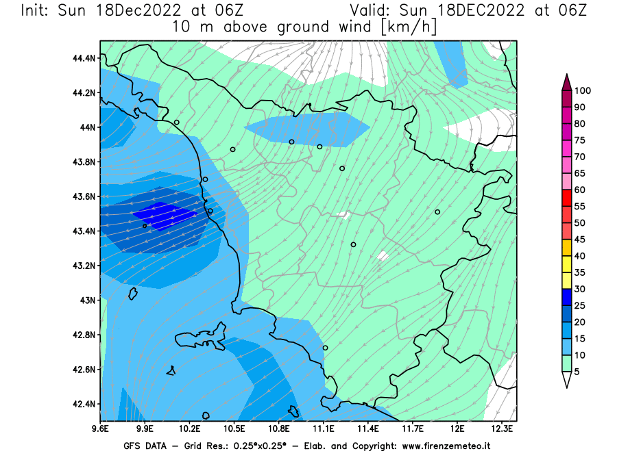 Mappa di analisi GFS - Velocità del vento a 10 metri dal suolo [km/h] in Toscana
							del 18/12/2022 06 <!--googleoff: index-->UTC<!--googleon: index-->
