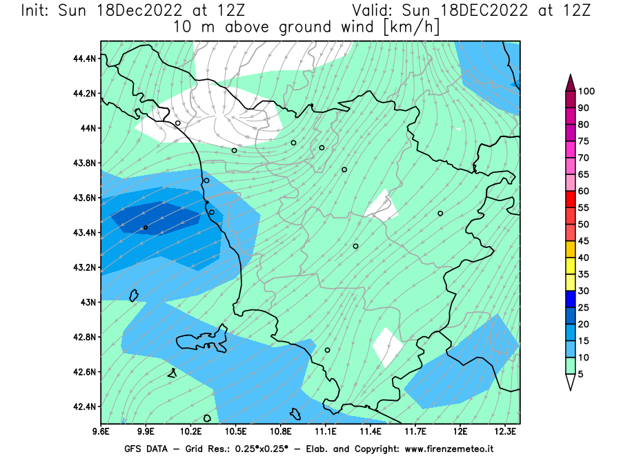 Mappa di analisi GFS - Velocità del vento a 10 metri dal suolo [km/h] in Toscana
							del 18/12/2022 12 <!--googleoff: index-->UTC<!--googleon: index-->