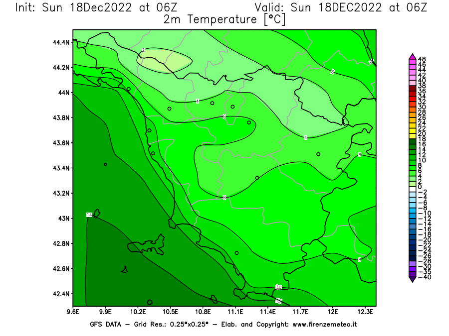 Mappa di analisi GFS - Temperatura a 2 metri dal suolo [°C] in Toscana
							del 18/12/2022 06 <!--googleoff: index-->UTC<!--googleon: index-->