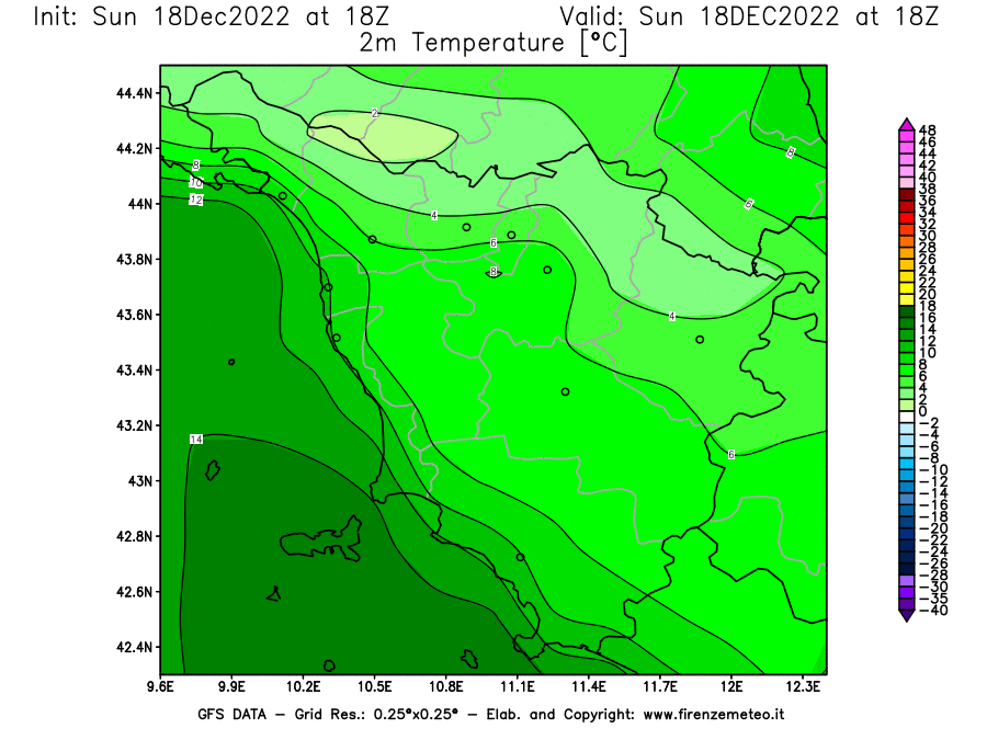Mappa di analisi GFS - Temperatura a 2 metri dal suolo [°C] in Toscana
							del 18/12/2022 18 <!--googleoff: index-->UTC<!--googleon: index-->