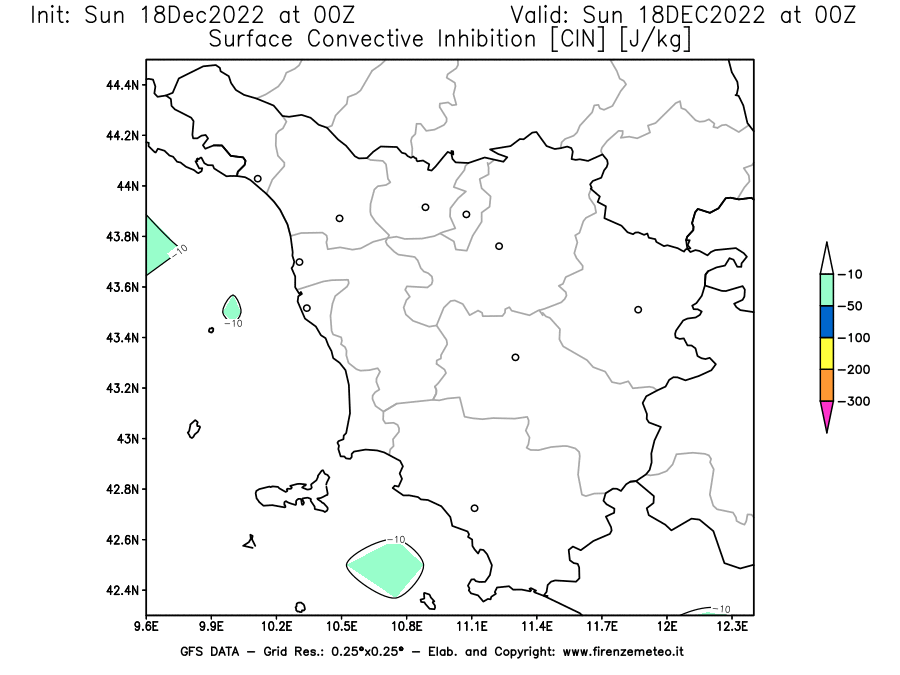 Mappa di analisi GFS - CIN [J/kg] in Toscana
							del 18/12/2022 00 <!--googleoff: index-->UTC<!--googleon: index-->