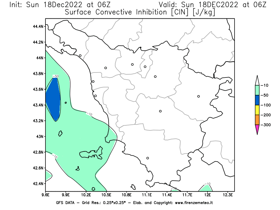 Mappa di analisi GFS - CIN [J/kg] in Toscana
							del 18/12/2022 06 <!--googleoff: index-->UTC<!--googleon: index-->
