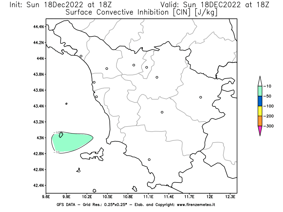 Mappa di analisi GFS - CIN [J/kg] in Toscana
							del 18/12/2022 18 <!--googleoff: index-->UTC<!--googleon: index-->