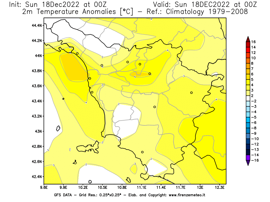 Mappa di analisi GFS - Anomalia Temperatura [°C] a 2 m in Toscana
							del 18/12/2022 00 <!--googleoff: index-->UTC<!--googleon: index-->