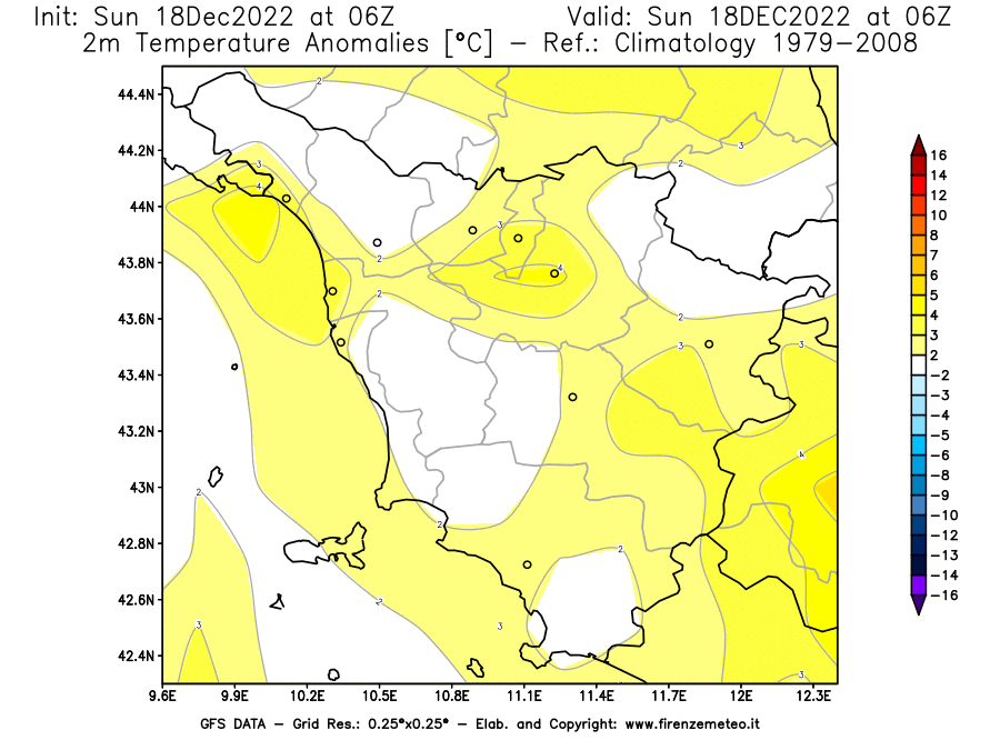 Mappa di analisi GFS - Anomalia Temperatura [°C] a 2 m in Toscana
							del 18/12/2022 06 <!--googleoff: index-->UTC<!--googleon: index-->