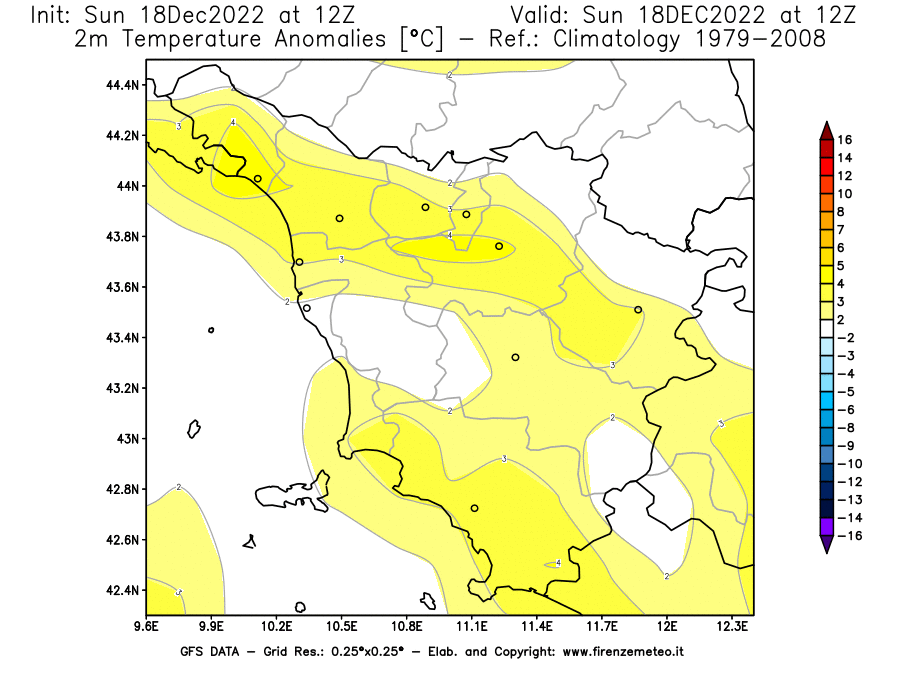 Mappa di analisi GFS - Anomalia Temperatura [°C] a 2 m in Toscana
							del 18/12/2022 12 <!--googleoff: index-->UTC<!--googleon: index-->