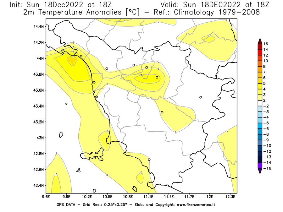 Mappa di analisi GFS - Anomalia Temperatura [°C] a 2 m in Toscana
							del 18/12/2022 18 <!--googleoff: index-->UTC<!--googleon: index-->