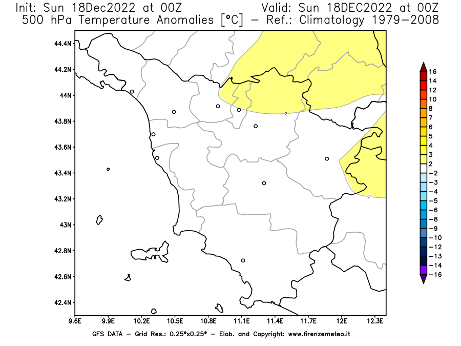 Mappa di analisi GFS - Anomalia Temperatura [°C] a 500 hPa in Toscana
							del 18/12/2022 00 <!--googleoff: index-->UTC<!--googleon: index-->