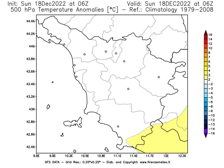 Mappa di analisi GFS - Anomalia Temperatura [°C] a 500 hPa in Toscana
							del 18/12/2022 06 <!--googleoff: index-->UTC<!--googleon: index-->