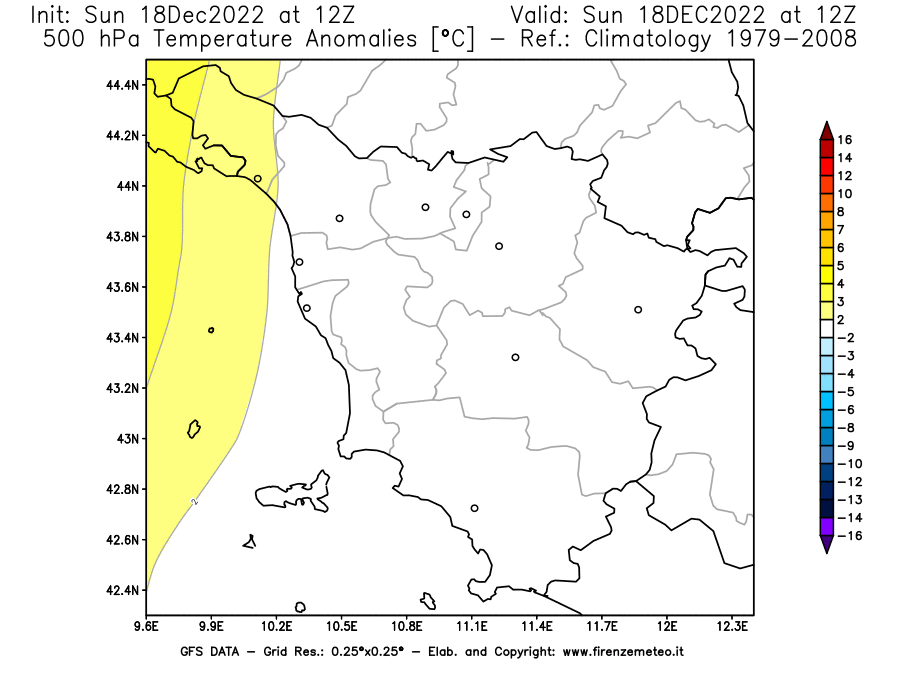 Mappa di analisi GFS - Anomalia Temperatura [°C] a 500 hPa in Toscana
							del 18/12/2022 12 <!--googleoff: index-->UTC<!--googleon: index-->