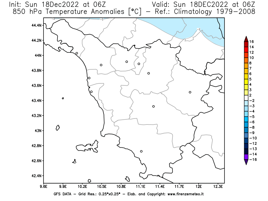 Mappa di analisi GFS - Anomalia Temperatura [°C] a 850 hPa in Toscana
							del 18/12/2022 06 <!--googleoff: index-->UTC<!--googleon: index-->