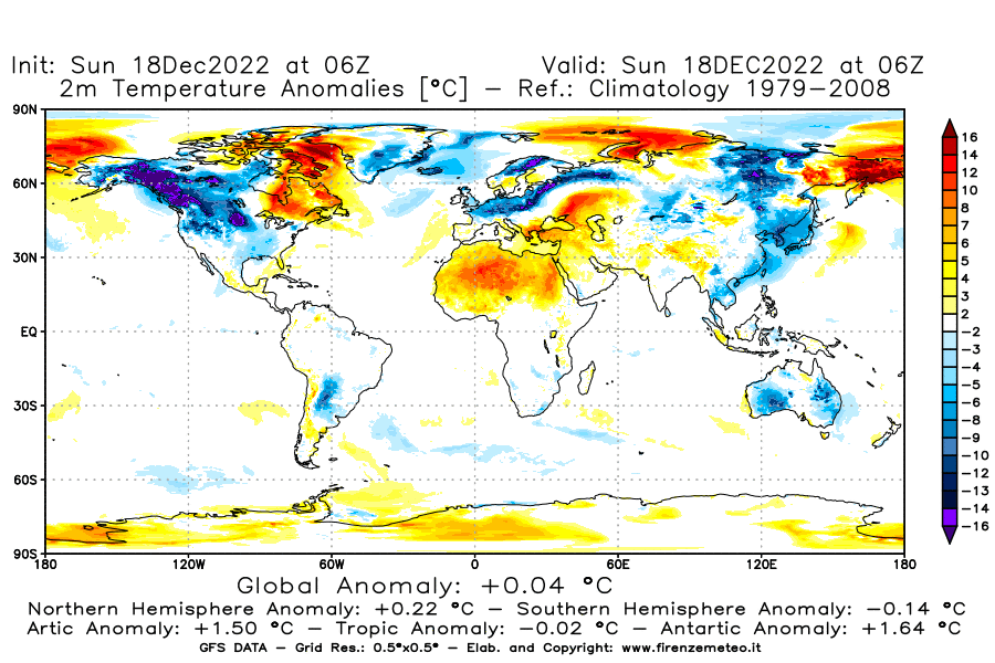 Mappa di analisi GFS - Anomalia Temperatura [°C] a 2 m in World
							del 18/12/2022 06 <!--googleoff: index-->UTC<!--googleon: index-->