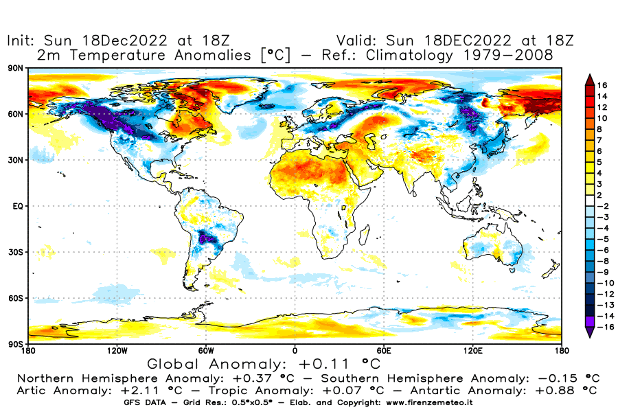 Mappa di analisi GFS - Anomalia Temperatura [°C] a 2 m in World
							del 18/12/2022 18 <!--googleoff: index-->UTC<!--googleon: index-->