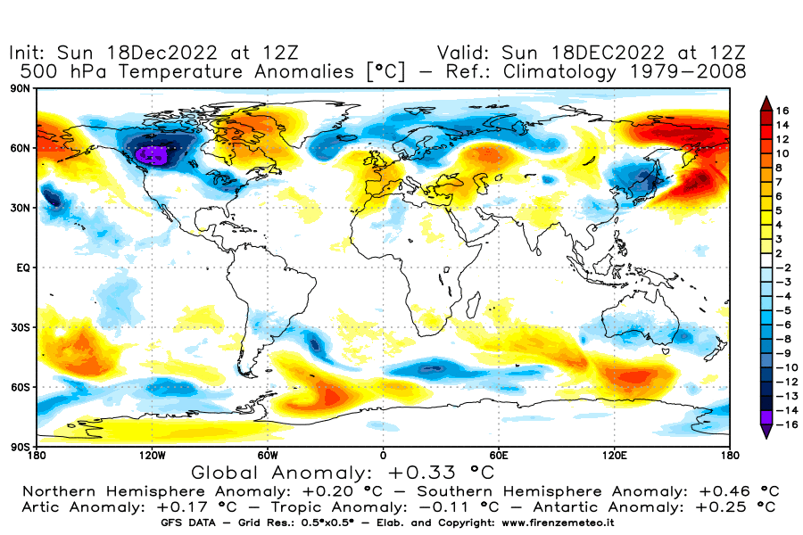 Mappa di analisi GFS - Anomalia Temperatura [°C] a 500 hPa in World
							del 18/12/2022 12 <!--googleoff: index-->UTC<!--googleon: index-->