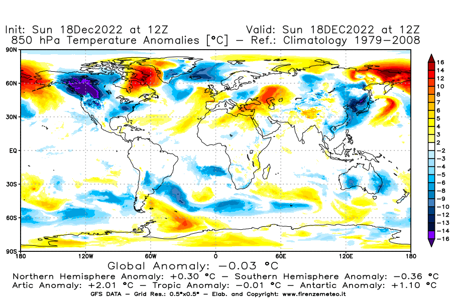 Mappa di analisi GFS - Anomalia Temperatura [°C] a 850 hPa in World
							del 18/12/2022 12 <!--googleoff: index-->UTC<!--googleon: index-->
