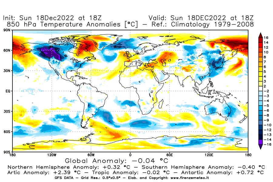 Mappa di analisi GFS - Anomalia Temperatura [°C] a 850 hPa in World
							del 18/12/2022 18 <!--googleoff: index-->UTC<!--googleon: index-->