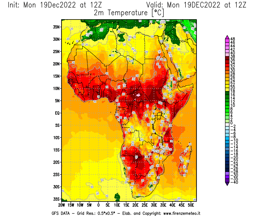 Mappa di analisi GFS - Temperatura a 2 metri dal suolo [°C] in Africa
							del 19/12/2022 12 <!--googleoff: index-->UTC<!--googleon: index-->