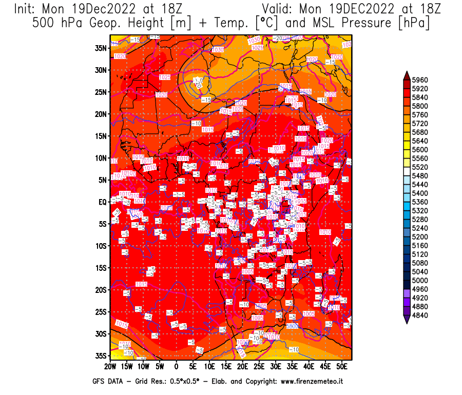 Mappa di analisi GFS - Geopotenziale [m] + Temp. [°C] a 500 hPa + Press. a livello del mare [hPa] in Africa
							del 19/12/2022 18 <!--googleoff: index-->UTC<!--googleon: index-->