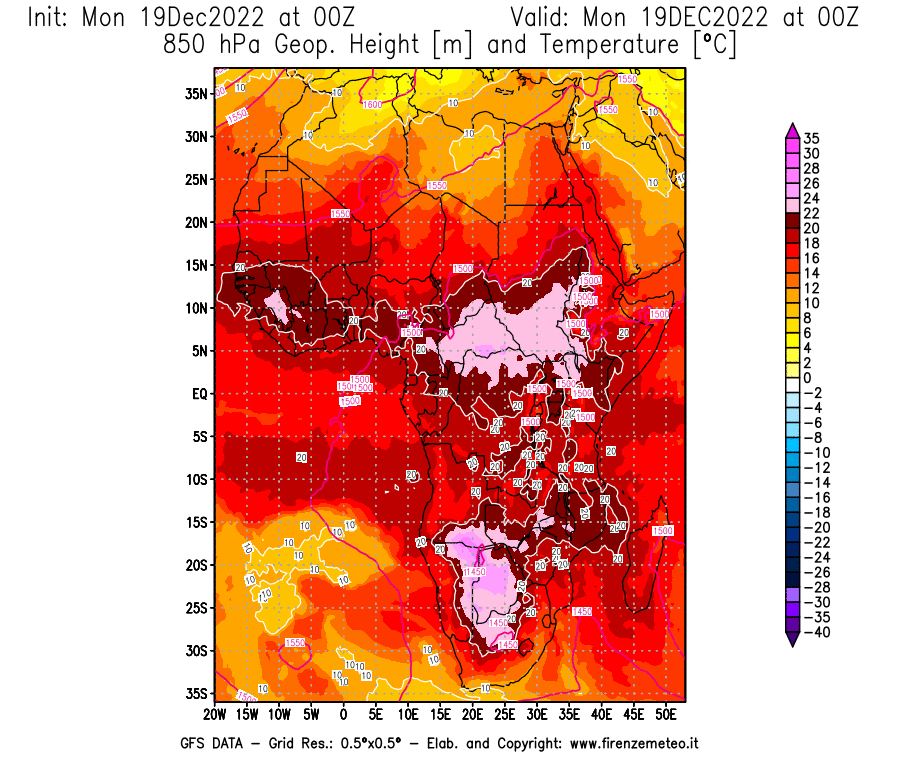Mappa di analisi GFS - Geopotenziale [m] e Temperatura [°C] a 850 hPa in Africa
							del 19/12/2022 00 <!--googleoff: index-->UTC<!--googleon: index-->