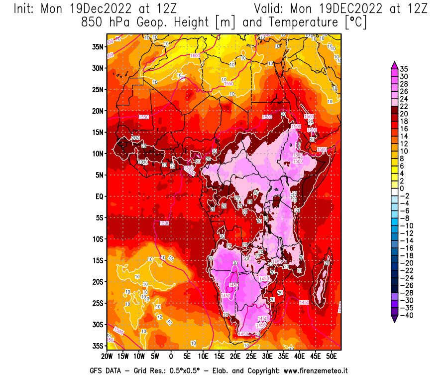 Mappa di analisi GFS - Geopotenziale [m] e Temperatura [°C] a 850 hPa in Africa
							del 19/12/2022 12 <!--googleoff: index-->UTC<!--googleon: index-->