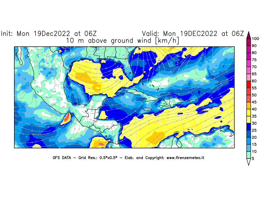 Mappa di analisi GFS - Velocità del vento a 10 metri dal suolo [km/h] in Centro-America
							del 19/12/2022 06 <!--googleoff: index-->UTC<!--googleon: index-->