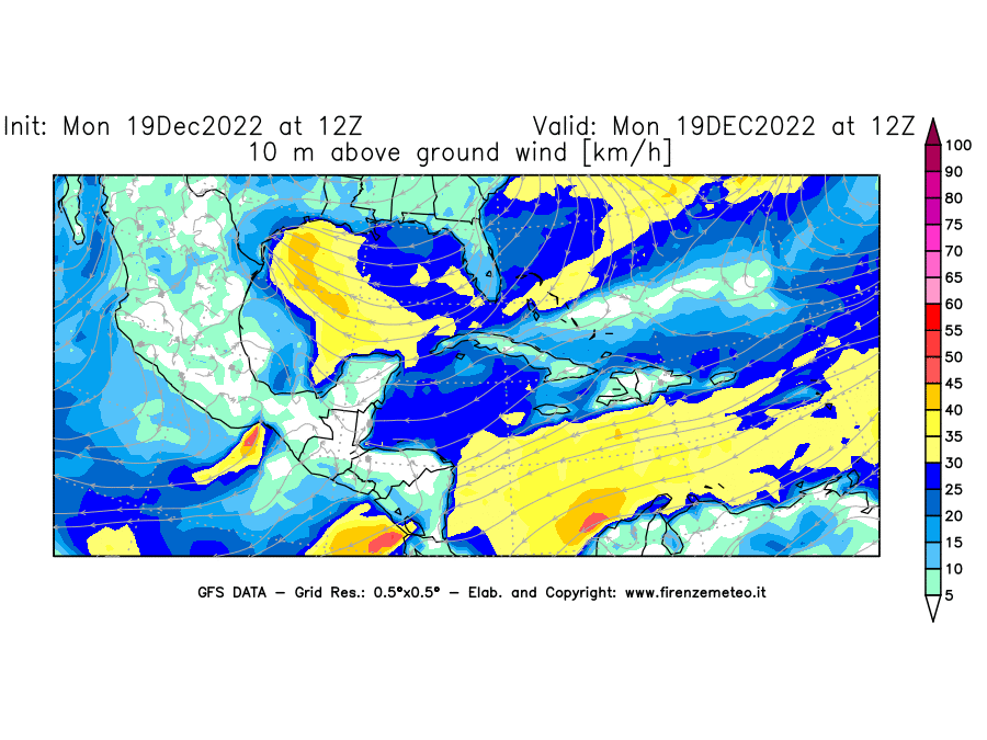 Mappa di analisi GFS - Velocità del vento a 10 metri dal suolo [km/h] in Centro-America
							del 19/12/2022 12 <!--googleoff: index-->UTC<!--googleon: index-->