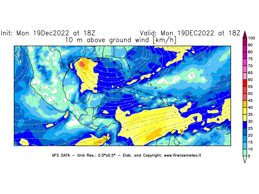 Mappa di analisi GFS - Velocità del vento a 10 metri dal suolo [km/h] in Centro-America
							del 19/12/2022 18 <!--googleoff: index-->UTC<!--googleon: index-->