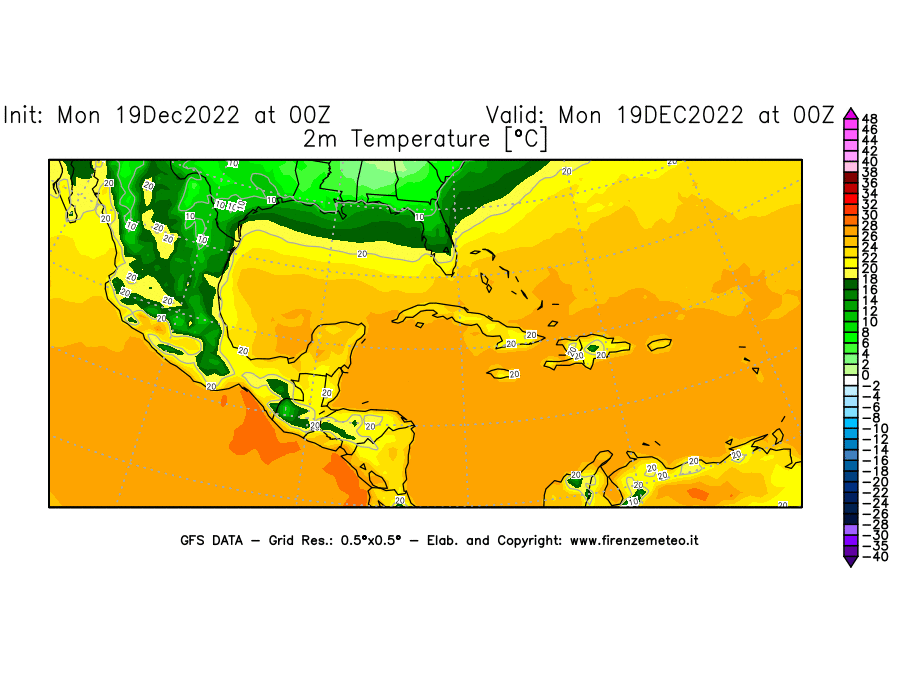 Mappa di analisi GFS - Temperatura a 2 metri dal suolo [°C] in Centro-America
							del 19/12/2022 00 <!--googleoff: index-->UTC<!--googleon: index-->