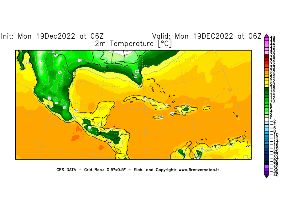 Mappa di analisi GFS - Temperatura a 2 metri dal suolo [°C] in Centro-America
							del 19/12/2022 06 <!--googleoff: index-->UTC<!--googleon: index-->