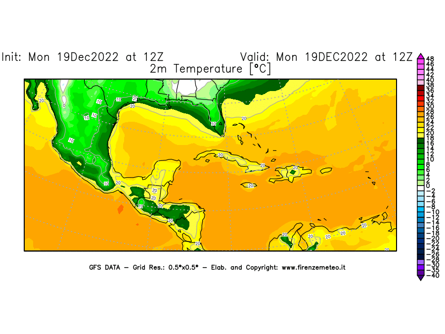 Mappa di analisi GFS - Temperatura a 2 metri dal suolo [°C] in Centro-America
							del 19/12/2022 12 <!--googleoff: index-->UTC<!--googleon: index-->