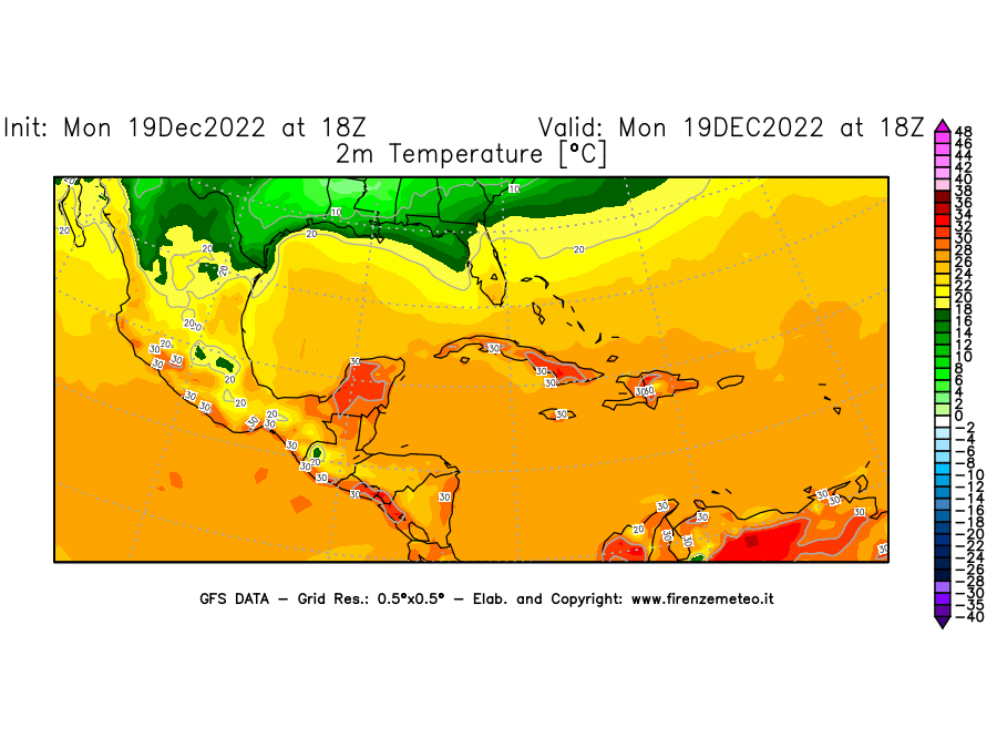 Mappa di analisi GFS - Temperatura a 2 metri dal suolo [°C] in Centro-America
							del 19/12/2022 18 <!--googleoff: index-->UTC<!--googleon: index-->