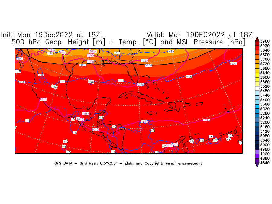 Mappa di analisi GFS - Geopotenziale [m] + Temp. [°C] a 500 hPa + Press. a livello del mare [hPa] in Centro-America
							del 19/12/2022 18 <!--googleoff: index-->UTC<!--googleon: index-->