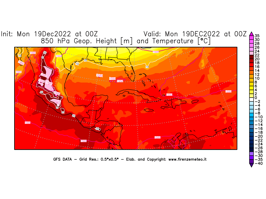 Mappa di analisi GFS - Geopotenziale [m] e Temperatura [°C] a 850 hPa in Centro-America
							del 19/12/2022 00 <!--googleoff: index-->UTC<!--googleon: index-->