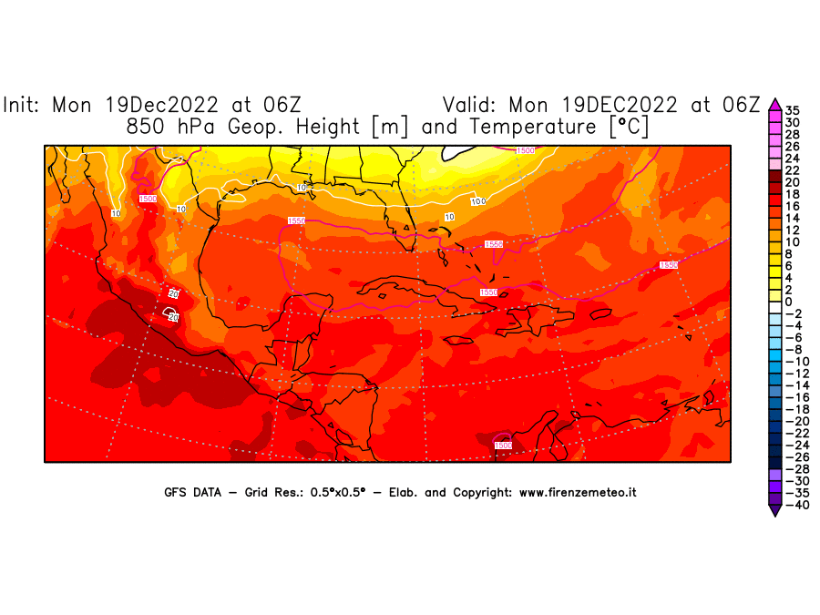 Mappa di analisi GFS - Geopotenziale [m] e Temperatura [°C] a 850 hPa in Centro-America
							del 19/12/2022 06 <!--googleoff: index-->UTC<!--googleon: index-->